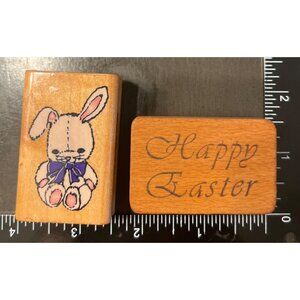 Vintage Comotion Rubber Stamp Set of 2- 253 Cute Bunny & Happy Easter Design
